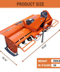 45-Inch 3 Point Hitch Rotary Tiller For Tractors 20-30HP Cat 1, 540 RPM PTO driven cultivator, orange, dimensions marked