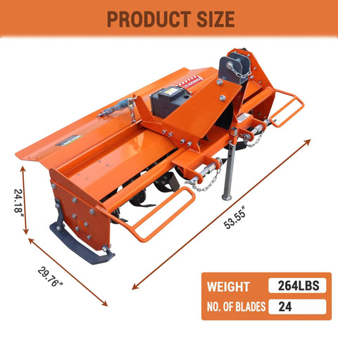45-Inch 3 Point Hitch Rotary Tiller For Tractors 20-30HP Cat 1, 540 RPM PTO driven cultivator, orange, dimensions marked