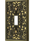 Filigree One Toggle Wall Plate in Antique Brass Finish showcasing ornate design, classic switch cover for a retro vibe