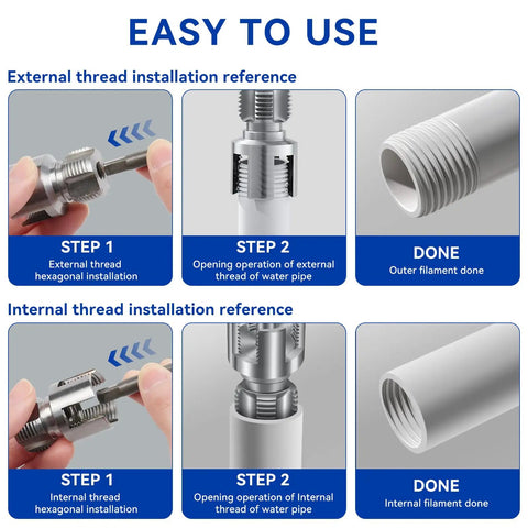 Image showing steps for using 1/2 3/4 1 Inch Pvc Pipe Threader Kit Two Piece Plastic Pipe Threading Tool with drill for threading.