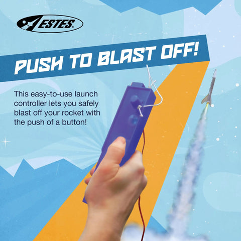 Hand holding 2230 E Launch Controller For Model Rockets And Kits with a rocket blasting off in the background.