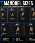 Pro Grade Rivet Nut Tool Set For DIY Metalwork, Manual Rivet Gun Head Kit With Interchangeable Mandrels 5 6 7 And Nuts 50 60 70, Metric Range M3 To M12, Heavy Duty, Easy To Use, Beef Up Your Sheet Metal Fabrication. 7 mandrel sizes M3 to M12 chart