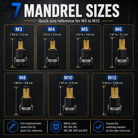 Pro Grade Rivet Nut Tool Set For DIY Metalwork, Manual Rivet Gun Head Kit With Interchangeable Mandrels 5 6 7 And Nuts 50 60 70, Metric Range M3 To M12, Heavy Duty, Easy To Use, Beef Up Your Sheet Metal Fabrication. 7 mandrel sizes M3 to M12 chart