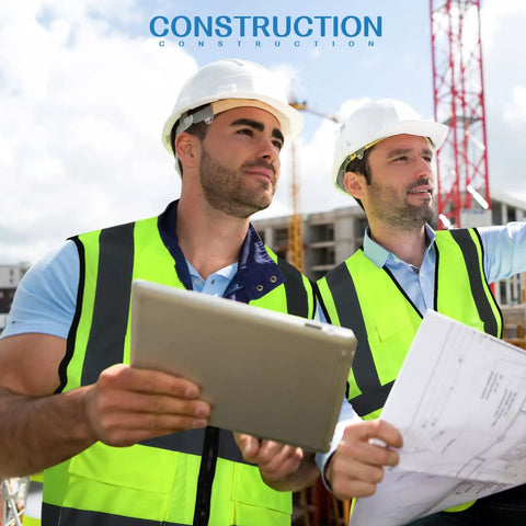 Two workers wearing 15 Pack Reflective Safety Vests With Pockets And Zipper For Work, High Visibility Vests For Men And Women at construction site.