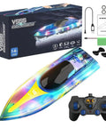 RC Boat With LED Light Modes, 2.4GHz Remote Control, Waterproof Hull for Pools and Lakes in package with components