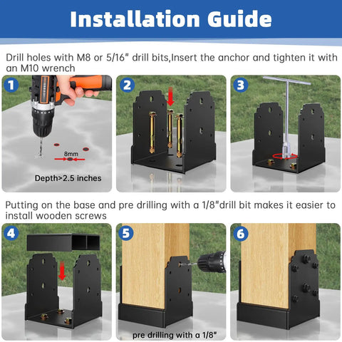 Heavy Duty 6X6 Post Base Featuring Concealed Fasteners For Smooth Kid Friendly Decks With Elevated Concrete Anchoring Support And Built Tough Steel Framing Engineered To Completely Remove Exposed Bolts installation guide showing drilling steps and anchoring.