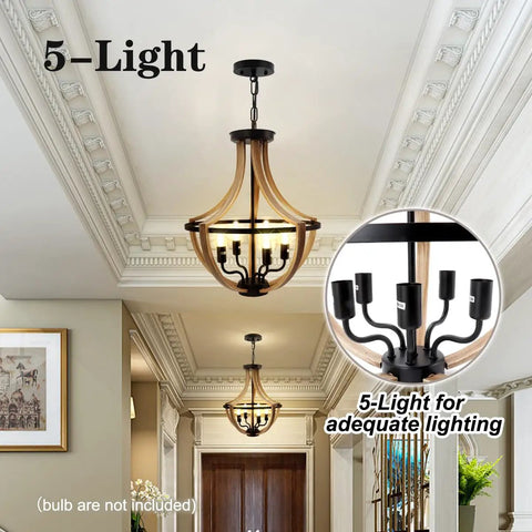 Five Light Geometric Rustic Farmhouse Pendant Light in hallway, retro wood grain finish, modern hanging ceiling fixture