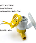Front view of brass humidifier solenoid valve with yellow electrical wires and mounting bracket.