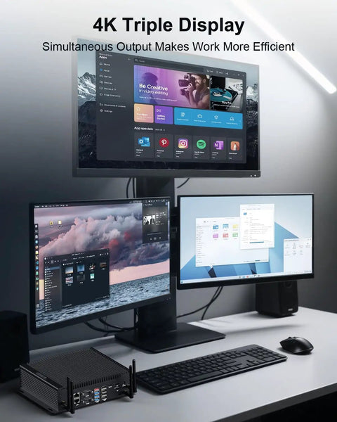 All Day Silent Mini PC Powered By Intel Core I7 Processor Paired With 32GB Ram And 1TB SSD Storage under 4K triple display setup.