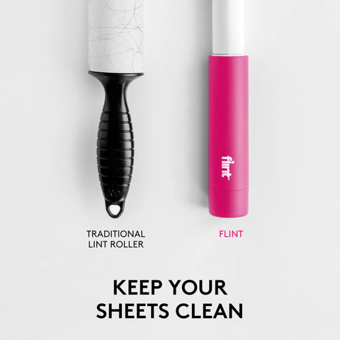 Pink Retractable Mini Lint Roller With 30 Extra Sticky Sheets Ultra Portable Travel Size Pocket Roller next to traditional roller