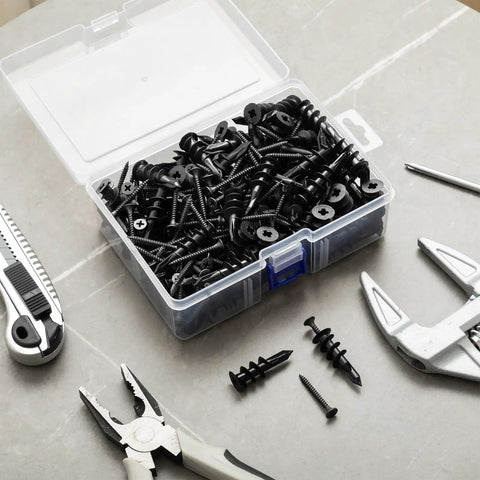 All In One Self Drilling Drywall Anchors And Screws Kit, 200 Pieces With Organizer Box, 100 Anchors And 100 Screws shown open