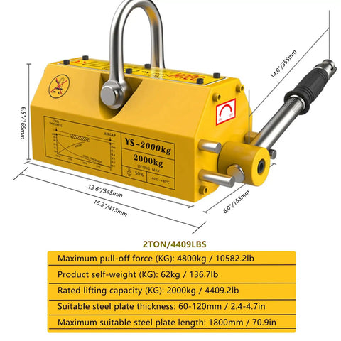 Heavy Duty Permanent Magnetic Lifter With Alloy Steel Hook 4400 Lbs Plate Lift Magnet, 2000kg capacity for hoist use.