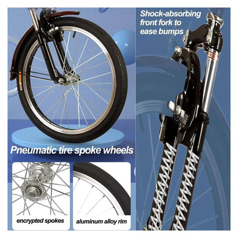 Close-up of adult tricycle rickshaw's pneumatic tire spoke wheels with shock-absorbing front fork and aluminum alloy rim detail.