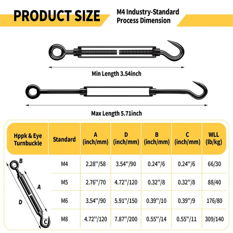 Size chart showing M5 Hook And Eye Turnbuckle Set Of 5 304 Stainless Steel Heavy Duty dimensions for cable railing and shade sail use