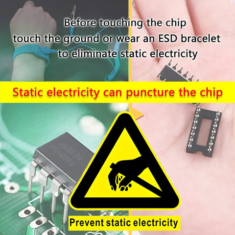 Static electricity prevention warning for IC Chips Kit 173 Piece Op Amp ICs And Timer ICs Assortment with ESD bracelet