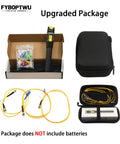 Fiber optic troubleshoot kit with visual fault locator, FC-LC adapter, LC/SC/ST/FC couplers, 3 yellow patch cords, and carrying case