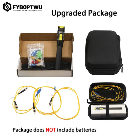 Fiber optic troubleshoot kit with visual fault locator, FC-LC adapter, LC/SC/ST/FC couplers, 3 yellow patch cords, and carrying case