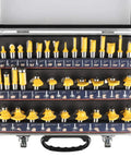Thirty Five Piece Router Bit Set With One Half Inch Shank Tungsten Carbide Bits In Aluminum Storage Case displayed open