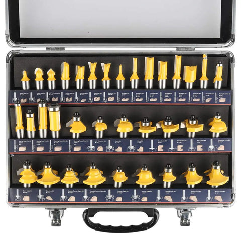 Thirty Five Piece Router Bit Set With One Half Inch Shank Tungsten Carbide Bits In Aluminum Storage Case displayed open
