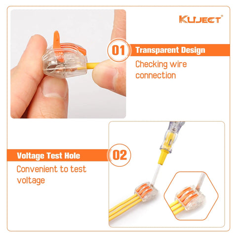 Lever Wire Nut Connectors Kit With 150 Pieces For 2 To 5 Conductors, orange lever nut showing transparent design and test hole