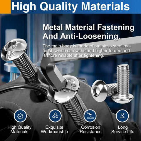 22 Piece M6 X 16MM 304 Stainless Steel Button Head Socket Cap Screws Full Thread Rustproof Heavy Duty Machine Fasteners shown with wrench.