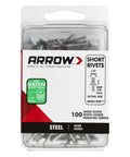 Short Steel Pop Rivets 1/8 Inch Diameter 100 Piece Set For Sheet Metal Leather Fabric And Auto Body Quick Fix Fasteners in packaging.