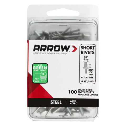 Short Steel Pop Rivets 1/8 Inch Diameter 100 Piece Set For Sheet Metal Leather Fabric And Auto Body Quick Fix Fasteners in packaging.