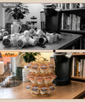 Before and after using Rotating K Cup Carousel Holder 3 Tier Organizer That Fits 27 K Cups Spins 360 Degrees Anti Slip Base No Assembly Gold Finish Space Saver For Kitchen Counter Or Office Coffee Bar