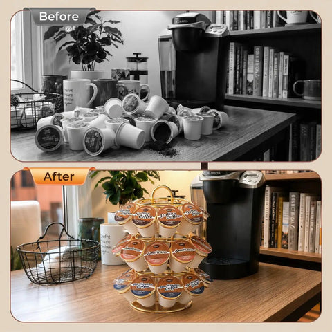 Before and after using Rotating K Cup Carousel Holder 3 Tier Organizer That Fits 27 K Cups Spins 360 Degrees Anti Slip Base No Assembly Gold Finish Space Saver For Kitchen Counter Or Office Coffee Bar
