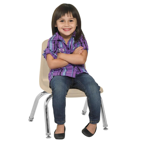 Child sitting on Durable Ten Inch School Stack Chairs Set Of Two For Kids With Chrome Steel Legs And Self Leveling Swivel Glides Sand Finish