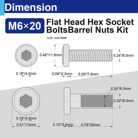 Diagram showing dimensions of a 30 Sets M6 X 20mm Barrel Nuts And Bolts Kit With Flat Head Hex Socket Binding Screws for DIY use.