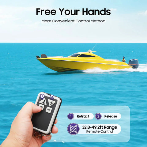 Top Notch 45 Lb Electric Anchor Winch For Boats With Remote Control, handheld remote over blue water with yellow boat