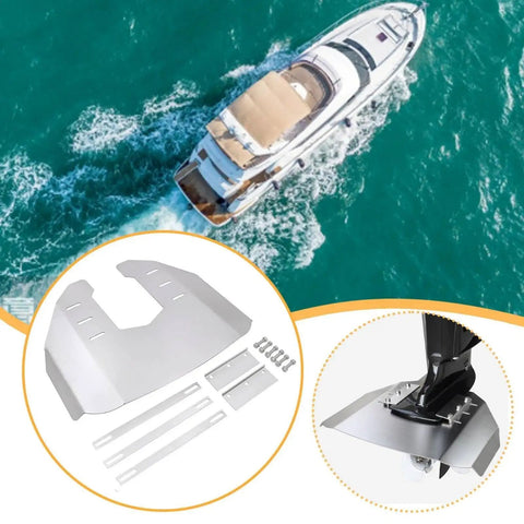 Overhead view of a boat with stainless steel cavitation plate and hydrofoil fin outboard motor upgrade for smoother takeoff