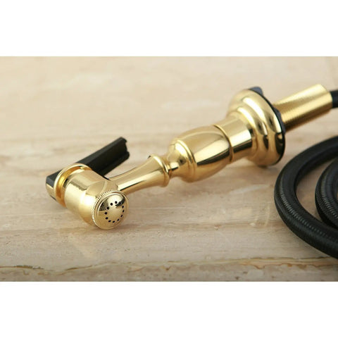Kitchen Faucet Sprayer With Hose In Polished Brass, 60 Inch Grey Braided PVC Hose, on marble surface, side view