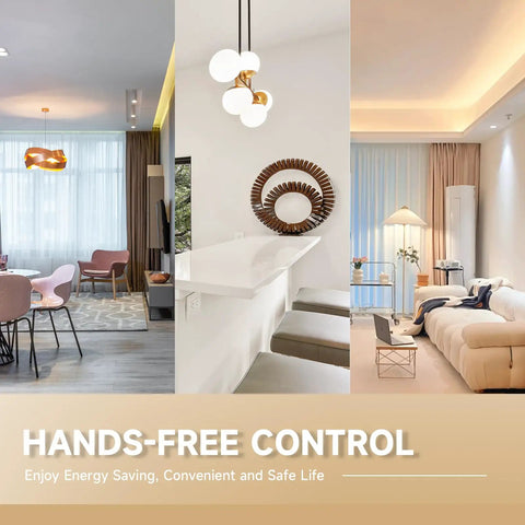 Three modern room interiors showcasing lighting, illustrating benefits of Motion Sensor Light Switch With Occupancy And Vacancy Modes