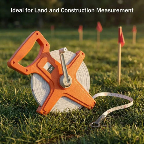 Pro Grade Fiberglass Tape Measure Half Inch By One Hundred Foot Open Reel Dual Sided For Inches And Feet With Ergonomic Grip Water Resistant Rugged Orange Tool For Builders And Pros on grass with measurement stakes