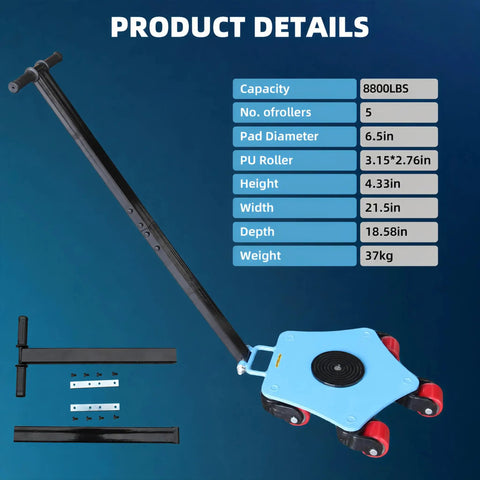 Anteqvip 4 Ton Machine Skate Heavy Duty Industrial Mover, 8800 Lb Capacity Low Profile Dolly with five PU rollers and handle for CNC equipment.