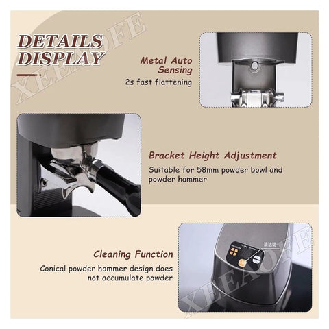 Details display of Heavy Duty Coffee Tamper With 58mm Precision Portafilter Fit, showing metal sensing and bracket adjustments.