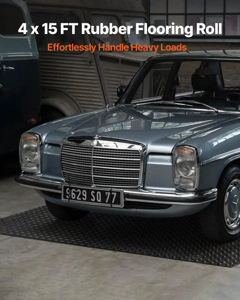 Heavy Duty Rubber Flooring Roll 4 By 15 Foot Diamond Plate Mat, 3mm Thick under classic car in garage setting