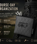 Premium Diamond-Stitched Leather Golf Valuables Pouch with Zippered Utility Bag attached to a golf bag, featuring 360 swivel clip.