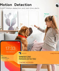 Girl and dog with 2K Indoor Security Camera With 2 Way Talk And Motion Alerts, QHD Pet Monitor, 2.4GHz WiFi, Crystal Clear IR Night Vision