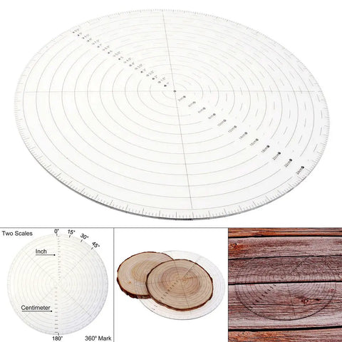 10 Inch Round Center Finder Tool For Wood Turning Lathe Work Clear Acrylic Circle Locator For Drawing Circles And Locating Center In Irregular Shapes Easy Center Marking For Woodworking Projects. Visible with dual scales and transparent design on a wooden surface.