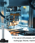 Wing Type T Slot Bolt Kit 10Pcs in use on industrial machinery, shown with manual tightening fastener and drill press setup.