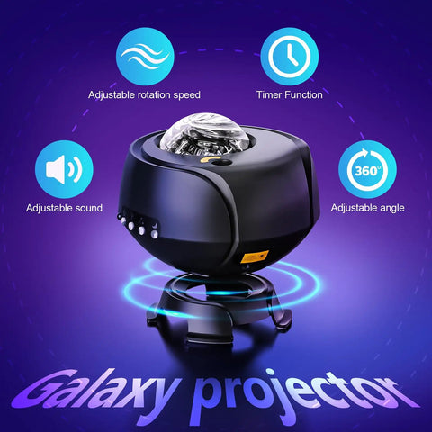 Massive Coverage Galaxy Lights Projector Two Point Zero with adjustable rotation, sound, timer, and angle features.