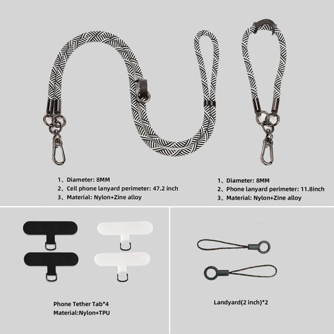 Phone Lanyard 2 Pack Universal Wrist Strap For Phone Case Camera Keys And More Adjustable Hands Free Lanyard Rope Crossbody Tether Versatile Strap For Travel Work Daily Use And Outdoor Activities shown with accessories and dimensions