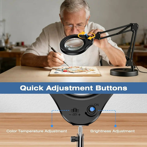 10X Magnifying Glass With Light And Stand For Close Work in use, senior man crafting with LED adjustable desk lamp, quick adjustment buttons visible