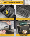 Black Stainless Steel Drop In All In One Kitchen Sink Kit With One Large Single Bowl 22 By 18 By 9 Inch Includes Soap Dispenser Retractable Drain Basket Stainless Grid Strainer Mesh And Drain Assembly For Modern Kitchens with gift combination features: retractable drain basket, stainless steel sink grid, black soap dispenser, and strainer basket with net bag.