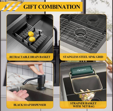 Black Stainless Steel Drop In All In One Kitchen Sink Kit With One Large Single Bowl 22 By 18 By 9 Inch Includes Soap Dispenser Retractable Drain Basket Stainless Grid Strainer Mesh And Drain Assembly For Modern Kitchens with gift combination features: retractable drain basket, stainless steel sink grid, black soap dispenser, and strainer basket with net bag.
