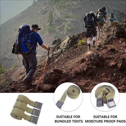 3 Pack Military Green 25mm Tie Down Straps With Quick Release Buckles displayed on rocky mountain hiking setup