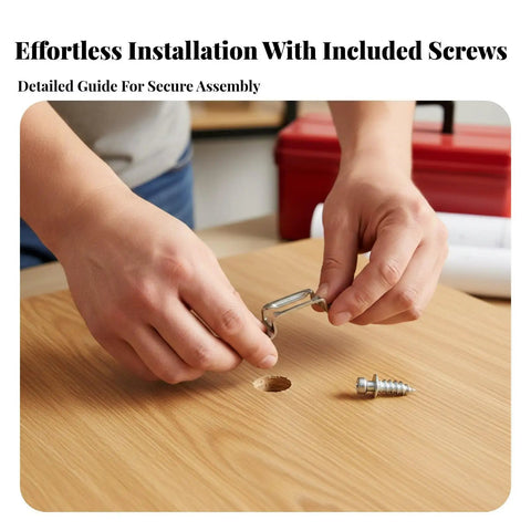 Hands installing a heavy duty invisible furniture connector for cabinet assembly with screws on a wooden surface.